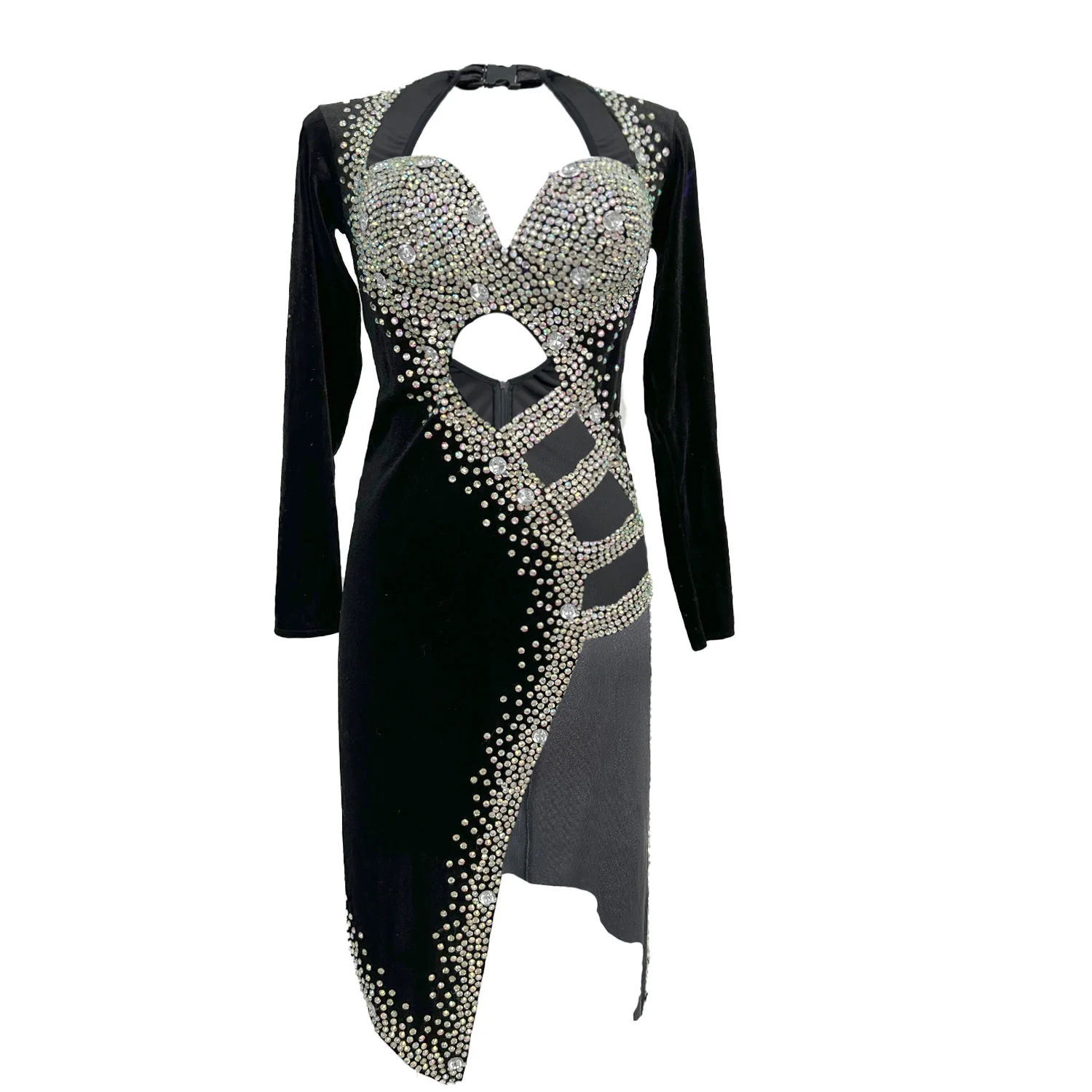 

Heiyi Women Evening Dress Sexy Hollow Out Backless Black Velvet Colored Rhinestone Slit Dress Banquet Party Celebrity Dress