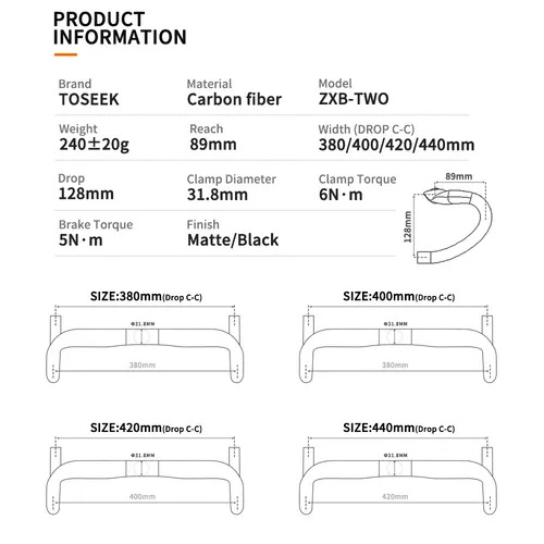 Imagen 2 del producto Manillar TOSEEK de fibra de carbono, barra doblada de 380/400/420/440mm, acabado mate negro, manillar de bicicleta de carretera, piezas de bicicleta