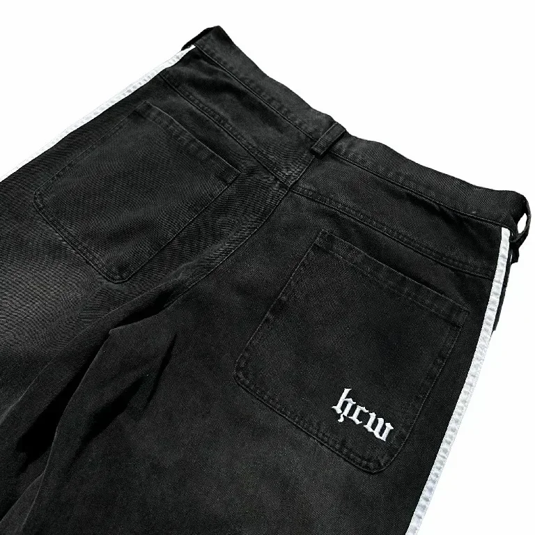 Calça jeans larga listrada preta masculina, calça jeans de perna larga, streetwear hip hop, gótica, bordada, retrô, rua alta, harajuku, Y2K