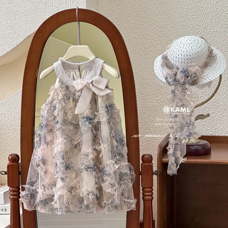 Girls Dress 2025 Summer New Foreign Floral Girl Baby Neck Summer Cool Children's Princess Skirt Fashion