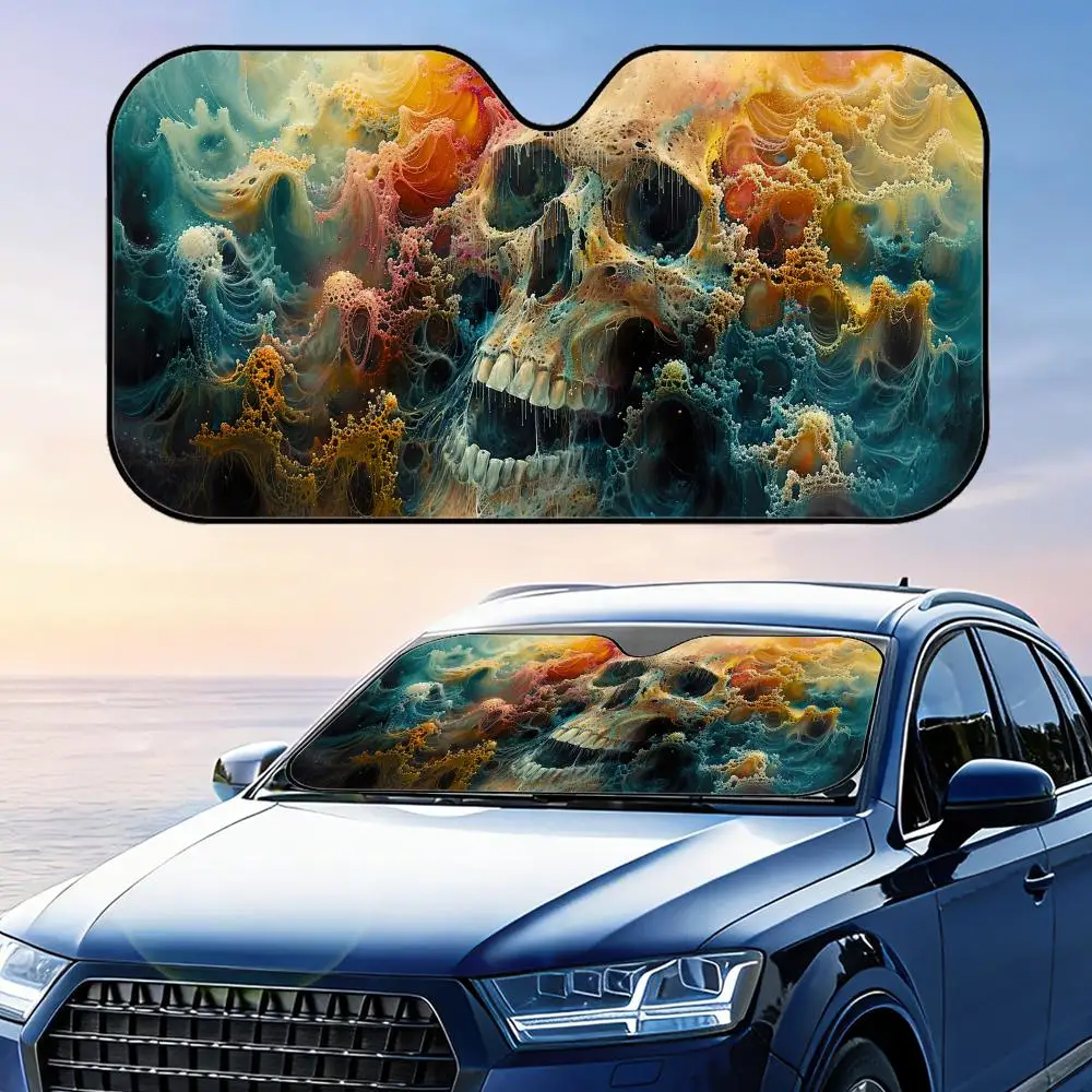 

Солнцезащитный козырек с абстрактным рисунком черепа, многоразовый, из алюминиевой фольги, для защиты от УФ-излучения и теплоизоляции, накидка на лобовое стекло