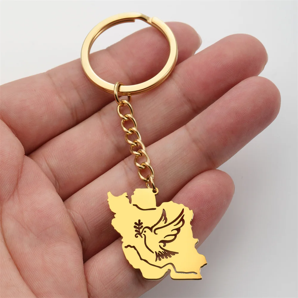 EUEAVAN Iran Map Peace Dove Olive Branch Keychain Stainless Steel Persian Calligraphy for Freedom Keyring Iranian Jewelry Gifts