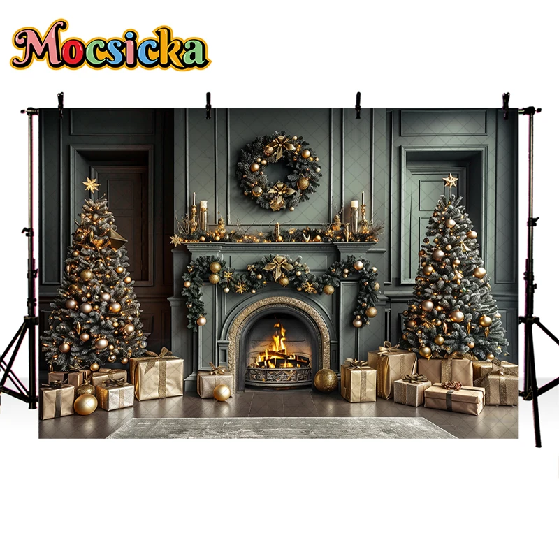 Mocsicka Christmas Living Room Backdrop Kids Photography Adult Child Cake Smash Photocall Fireplace Studio Xmas Trees Background