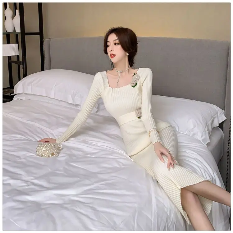 Outono inverno feminino pescoço quadrado vestido de malha camada base camisola vestido até o chão manga regular saias de comprimento total cq241