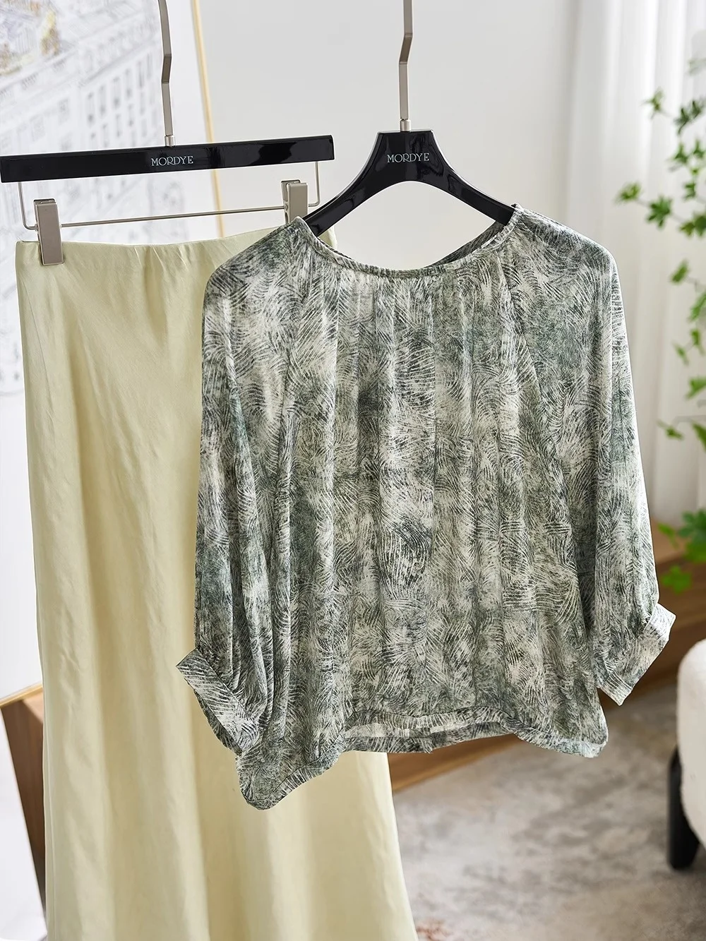 

Ele Chinese Sle Printed Silk irt One oulder Lantern Sve Sun Protection True Silk Top Small irt Commute Sle