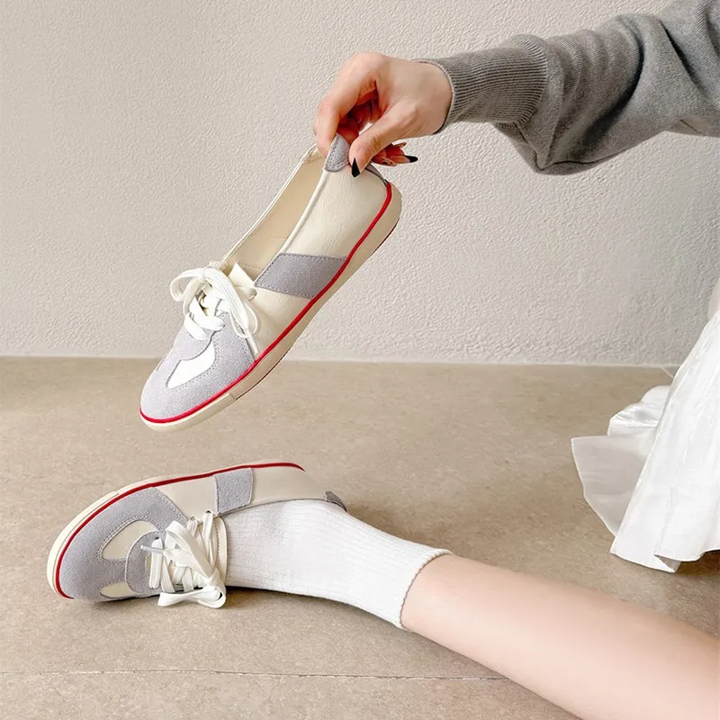 DIMANYU Women's Virtue Training Shoes Genuine Leather 2026 New Autumn Casual Women's Sneakers Round Toe Lace-Up Flat Shoes Women