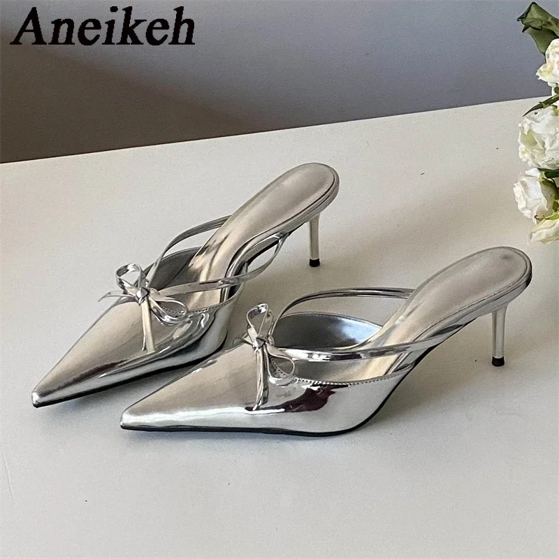 

Aneikeh/женские туфли-лодочки, весенняя мода, элегантная обувь для вечеринок с острым носком и узлом-бабочкой на пятке с открытой пяткой и кристаллами