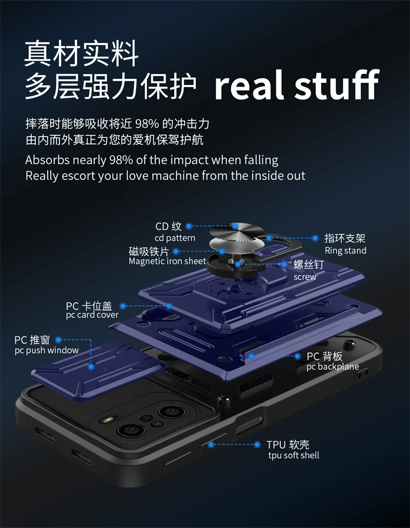 For xiaomi poco f3 case slide card camera armor phone case for pocophone little poco f3 f 3 pocof3 f3poco car holder back cover - view 3