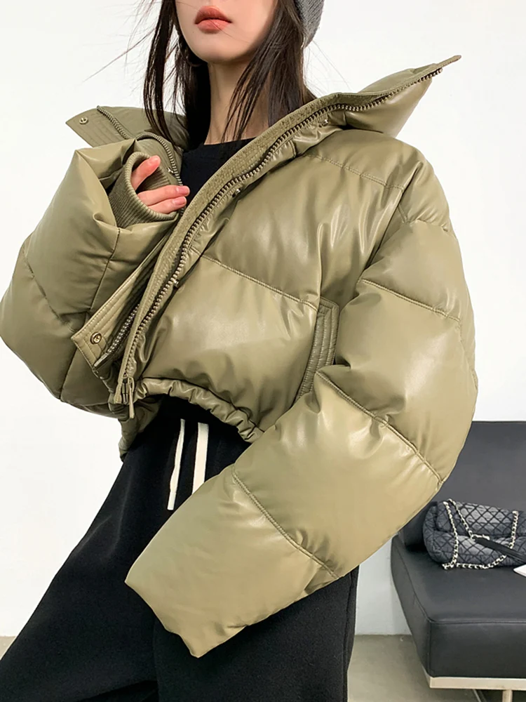 Zoki Streetwear Moto Women Pu Puffy Coat Vintage American Cropped Parkas Winter Thick Warm Long Sleeve Loose Cotton Down Coats