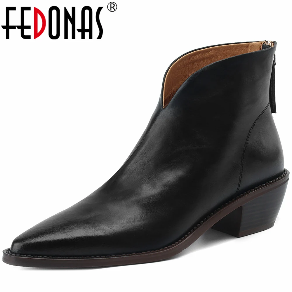 

FEDONAS Basic Women Ankle Boots Genuine Leather Thick Heels Side Zipper Pointed Toe Office Lady Mature Autumn Winter Shoes Woman