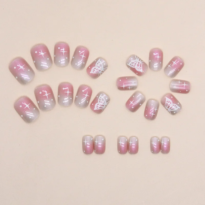 

24Pcs Short Square Press on Nails - Aurora Blush with Sparkling Butterfly Design | With Application Tool