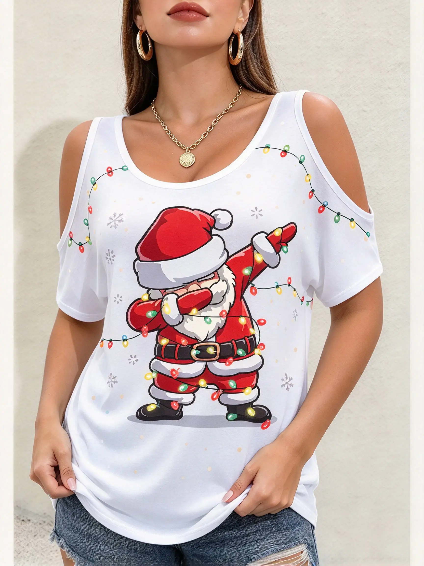 Santa Claus Printed Women's Cold Shoulder T-shirts Casual O-neck Loose Short Sleeve Tops Fashion Christmas Party Female Clothing