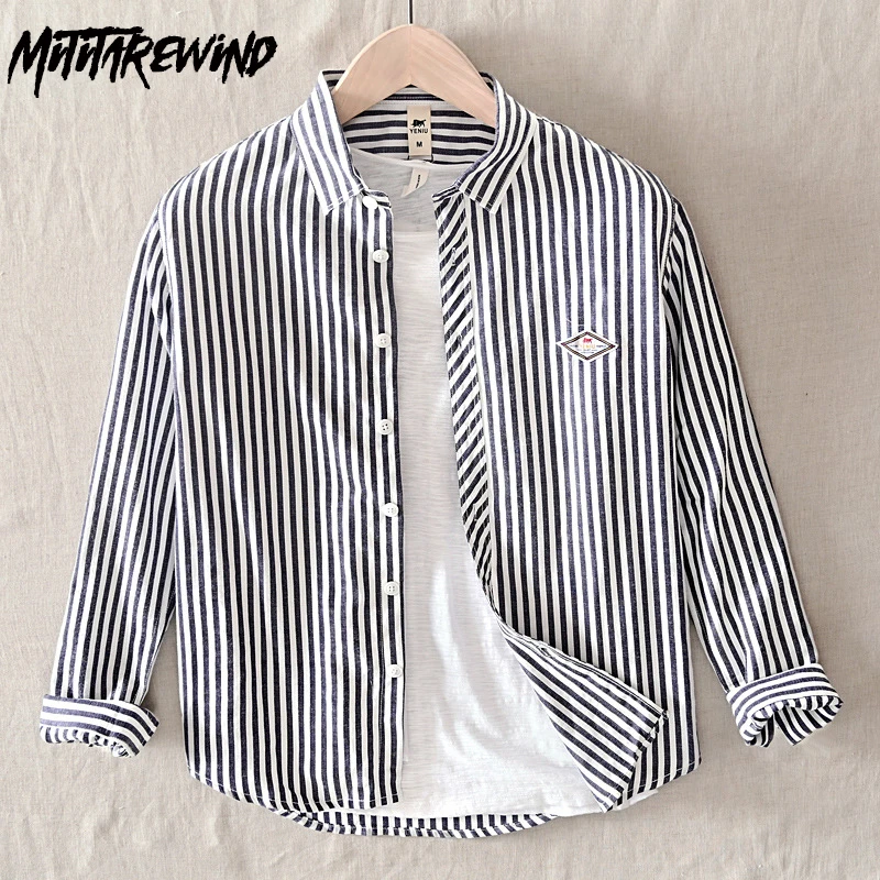 

Simple Men Long Sleeve Shirt Hong Kong Style Spring Daily Casual Shirts Pure Cotton Striped Shirt Comfortable Loose Fashion Tops