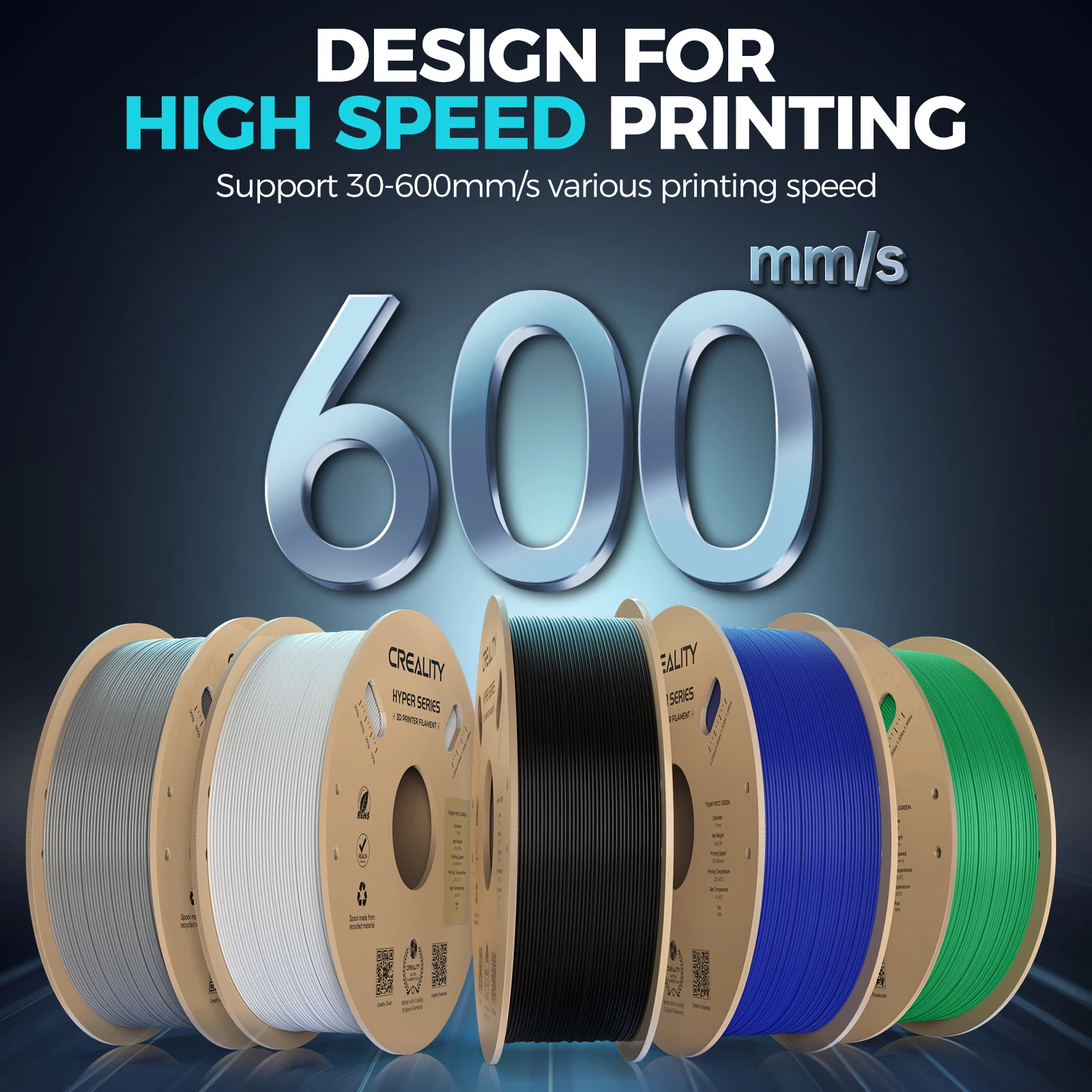 Creality- خيوط Hyper-PETG للطابعة ثلاثية الأبعاد 1.75 مم عالية السرعة 50-300 مم/ثانية 1 كجم/بكرة قطر خيوط Hyper PETG ± 0.05 مم
