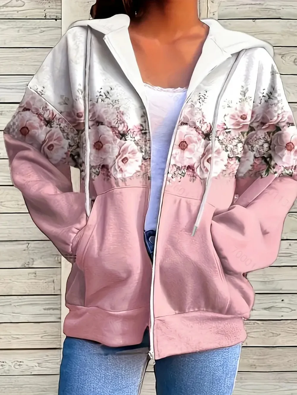 

Womens Casual Floral Print Hoodie Top Elegant Lavender Long Sleeve with Pockets Women's Sweater Comfortable Plus Size Zip Hoodie