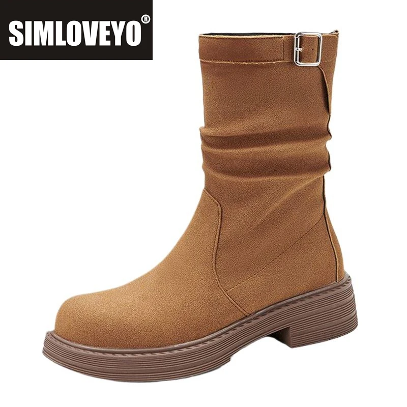 

SIMLOVEYO Classic Women Mid Calf Boots Round Toe Thick Heels 4cm Slip On Size 41 42 43 Vintage Soft Daily Bota