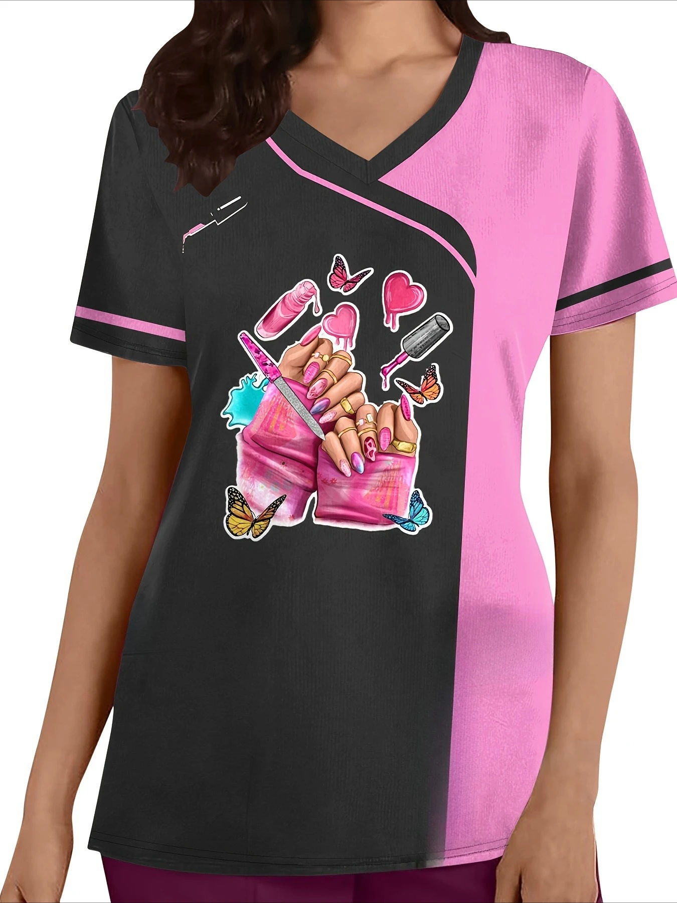 Nail‑Tech Scrub Top Spliced V‑Neck 3D Manicure Nail‑Polish Butterfly Print Nail Salon Technician Uniform With Short‑sleeve Shirt