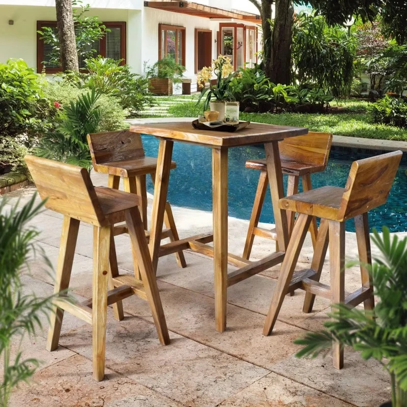 

Rustic modern set teak bar stool, metal frame with square antique wood seat, commercial bar dining room living room furniture