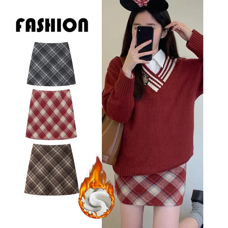Winter Lady Plaid Designer Velvet Hip Wrap Skirts Girls High Waist Plush A-line Dress Female Snow Warm Thin Skirts