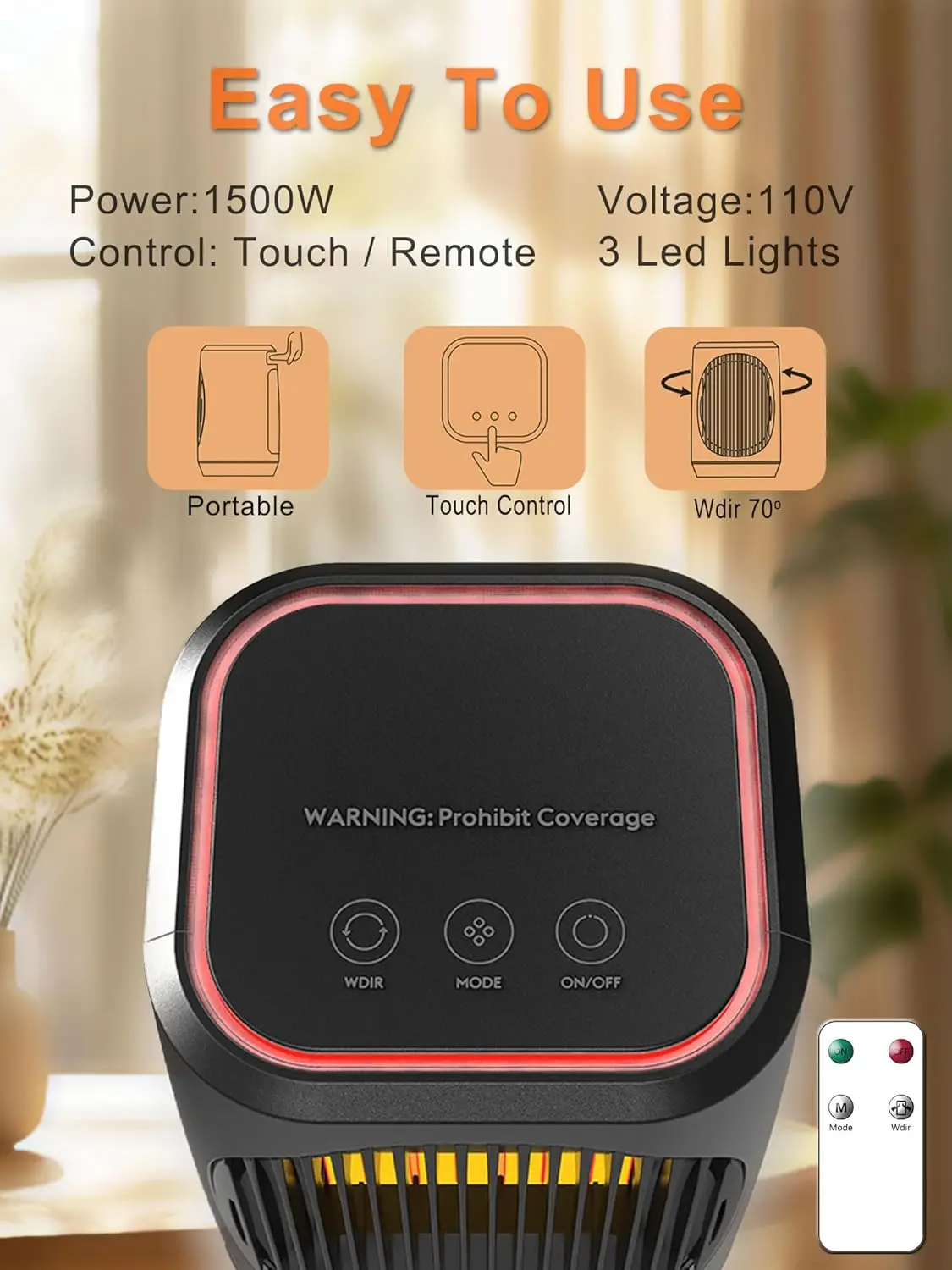 Tragbare elektrische Heizung 1500 W, 3 Modi, Fernbedienung, leise und sicher für Schlafzimmer oder Büro