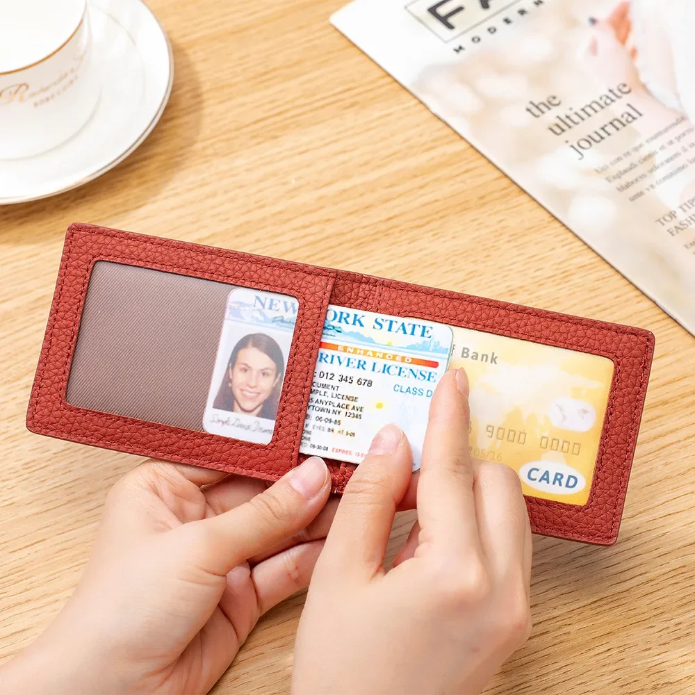 Thin Minimalist Bifold Design Driver's Licence Cover Genuine Leather ID Badge Window Slot Credit and Debit Vaccinum Cards Holder