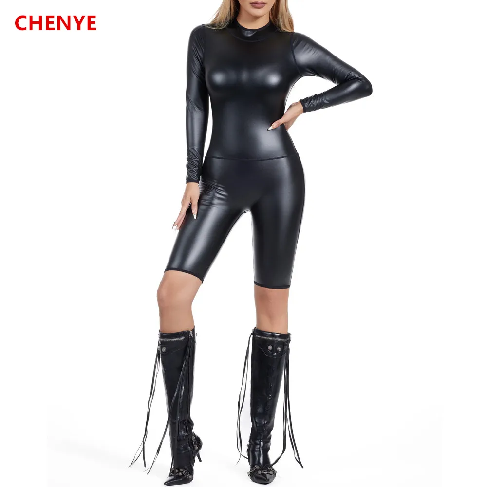 Kobiety metaliczny zamek błyskawiczny na plecach body ze sztucznej skóry krótki kombinezon Romper trykot t-shirty urządzenie do modelowania sylwetki rozciągliwa bluzka damska bielizna modelująca