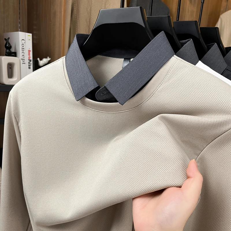 

Высококачественная мужская футболка из двух предметов, однотонная дышащая рубашка с воротником, осенняя универсальная трендовая мужская одежда для поездок на работу, топ