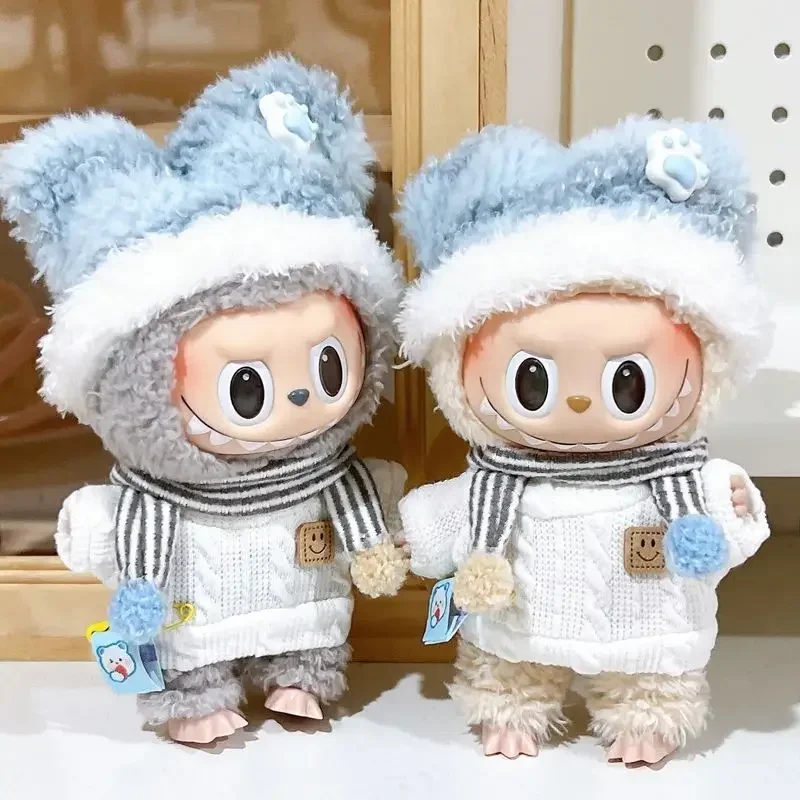 Smiling Blue Fuzzy Hat and Sweater Set for 17cm Labubu Dolls Cute Plush Outfit