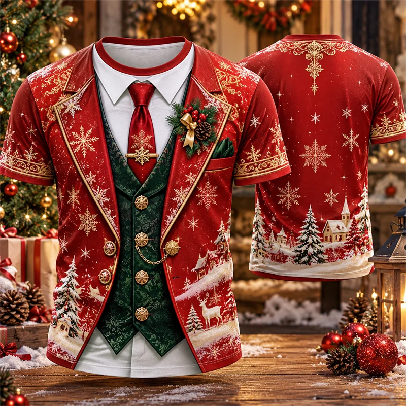 Christmas Tuxedo Print T Shirt Men Short Sleeve Faux Blazer Bow Tie Graphic Tee 3D Festive Holiday Party Costume Fun Xmas Outfit
