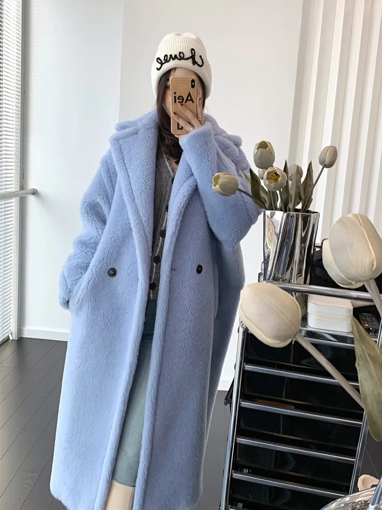 

2023 New Vintage Women Teddy Bear Coat Mid-length Fashion Thick Teddy Alpaca Real Fur Coat Warm Loose Lapel Long Sleeve Jacket W