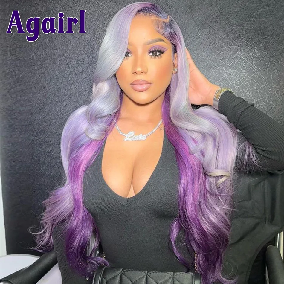 13X6 Wig renda depan Wig penuh renda Ombre ungu dengan perak abu-abu tubuh Wig gelombang 613 madu pirang 13x4 Wig rambut manusia Frontal renda