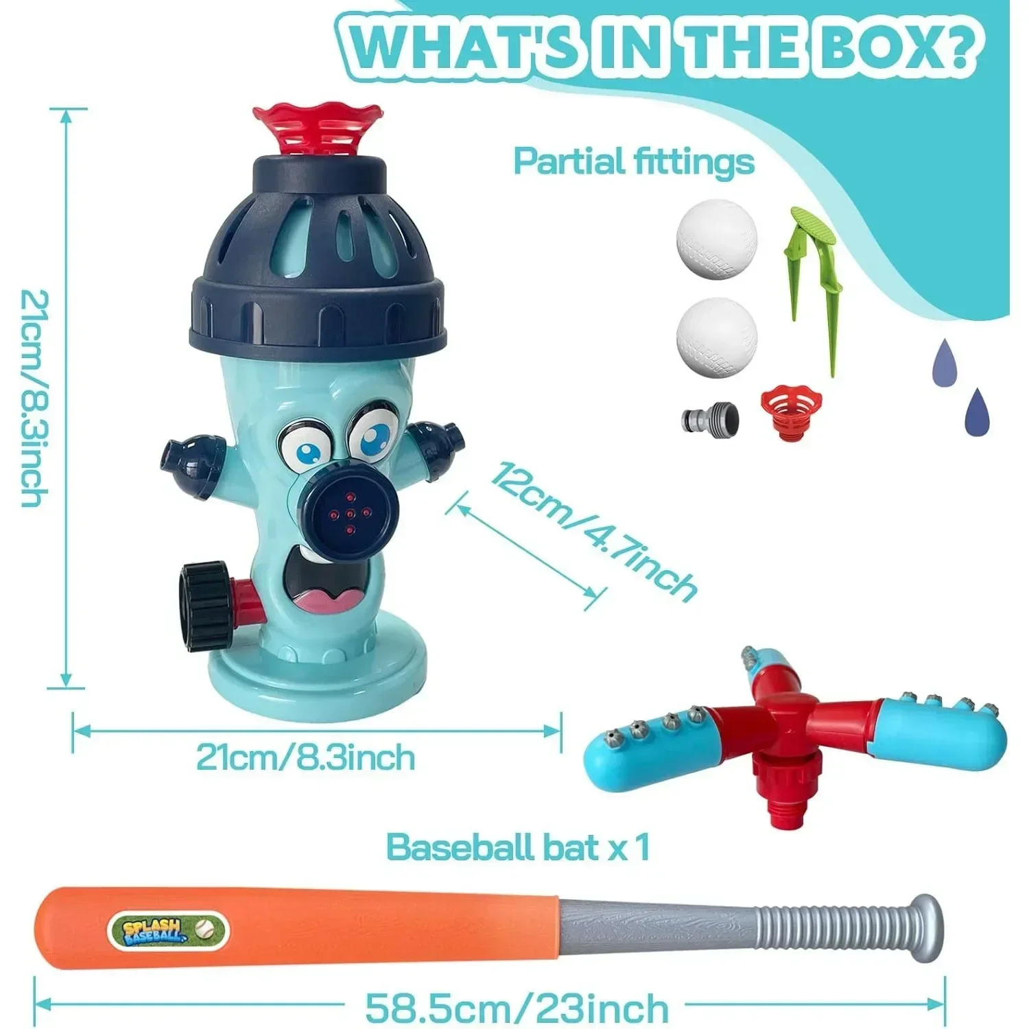 2 in 1 Water Spray Sprinkler T Ball Set Baseball Pitching Machine Hydrant Water Spray Toy with 2 Sprinkler Heads 4 Balls for Kid