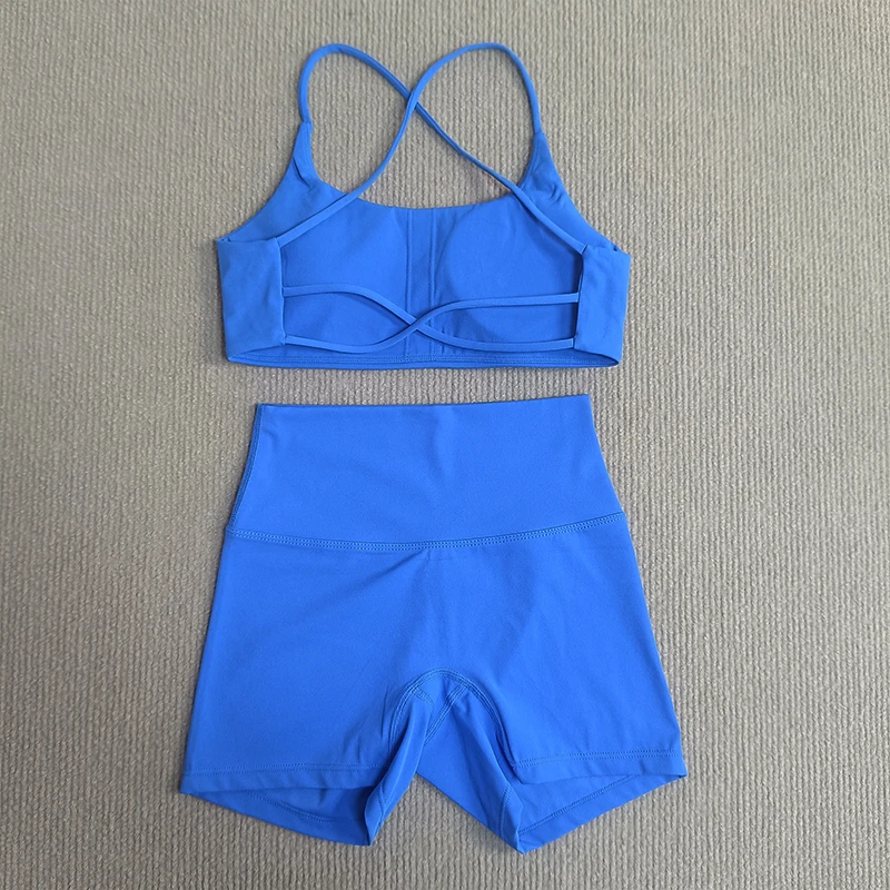 Woman's Yoga Set 2 Pieces Gym Short Bike Short Legging +Cross Sport Bra Yoga Set Woman High Waist Shorts Running Tracksuit image 3