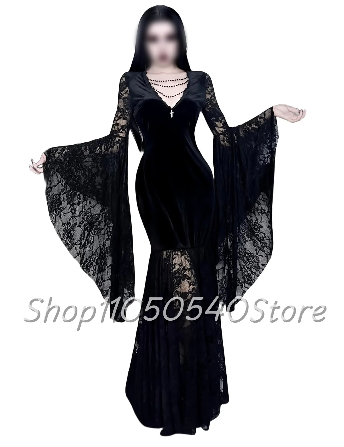 

Custom Black Gothic Vampire Evening Dresses Long Lace Flared Sleeve Velvet Fishtail and Floor Prom Dresses Halloween