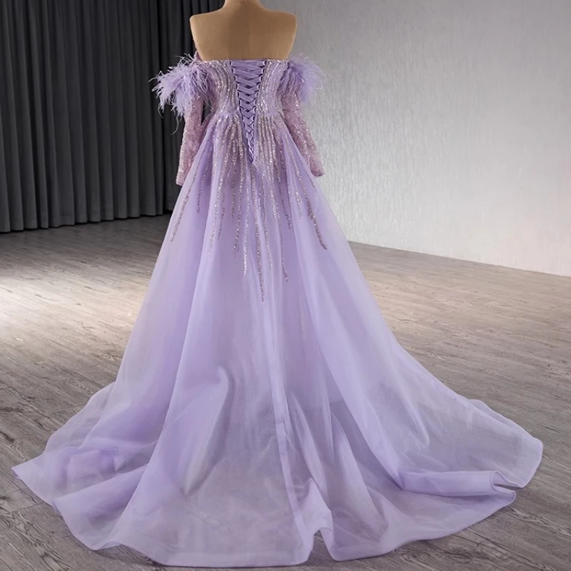 Real Picture Quality Purple Women Evening Dresses Sweetheart Long Sleeves Beading Lace Up Wedding Party Dress Prom Occasion 2025