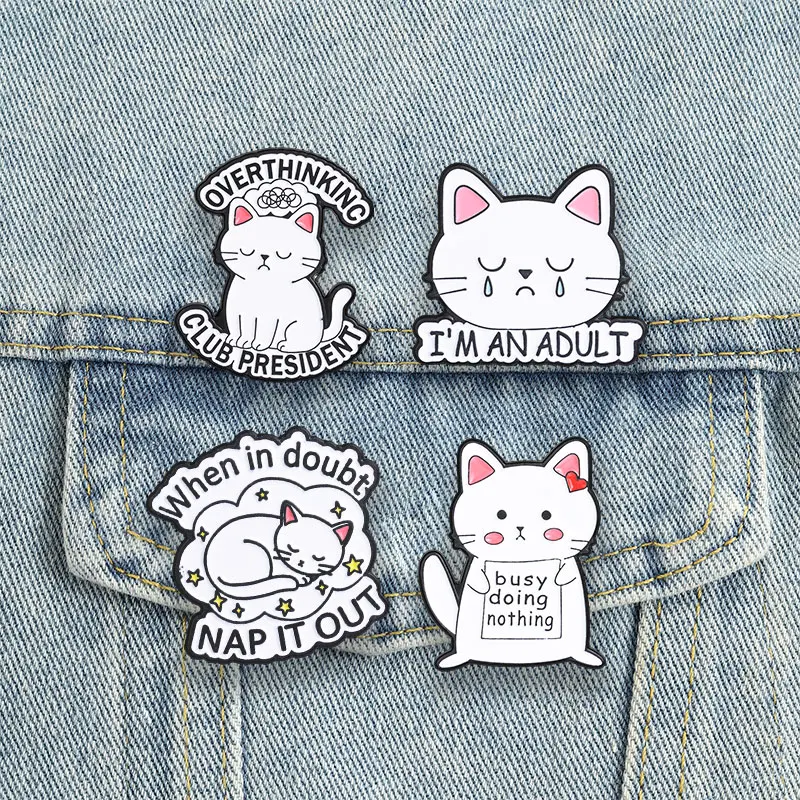 White Cats Enamel Pins Funny Overthinking Club President Brooches Badges Cute Cartoon Moody Animal Jewelry Gift for Friends