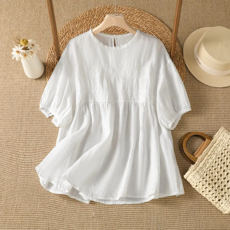 

White Ruffle Sleeve Embroidered Doll Shirt Women's Vintage Casual Cotton Summer Sweet Cute Top for Ladies Short Sleeve round ...