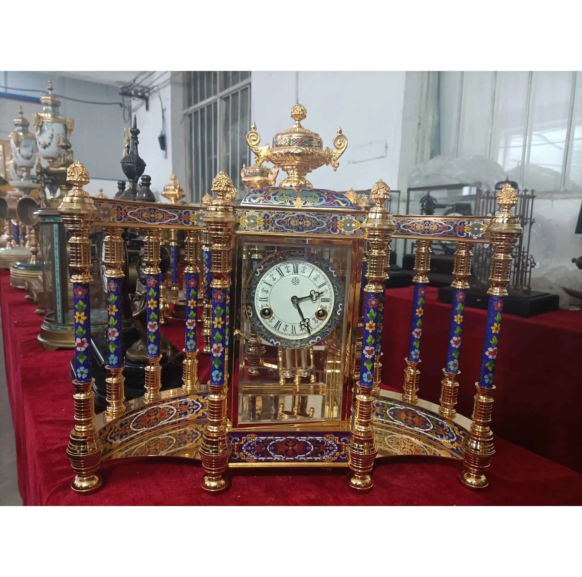 Luxury Antique Gilt Chinese Floral Cloisonne Enamel Screen Shaped 12 Column Double Pendulum 15 Days  Striking Table  Clock/Watch