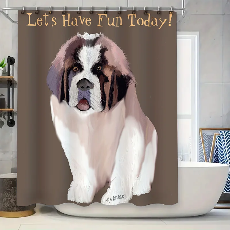 

Adorable St Bernard Dog Shower Curtain Printed Pet Portrait for Bathroom Decor Brown Background with White Bathtub Set