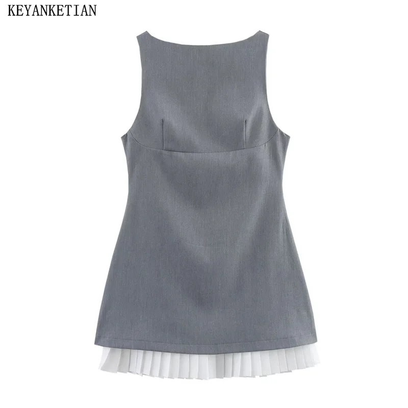 KEYANKETIAN Summer New Women's Tiered Pleated Patchwork Sleeveless Mini Dress Office Lady Back Zipper Slim Fashion Dresses