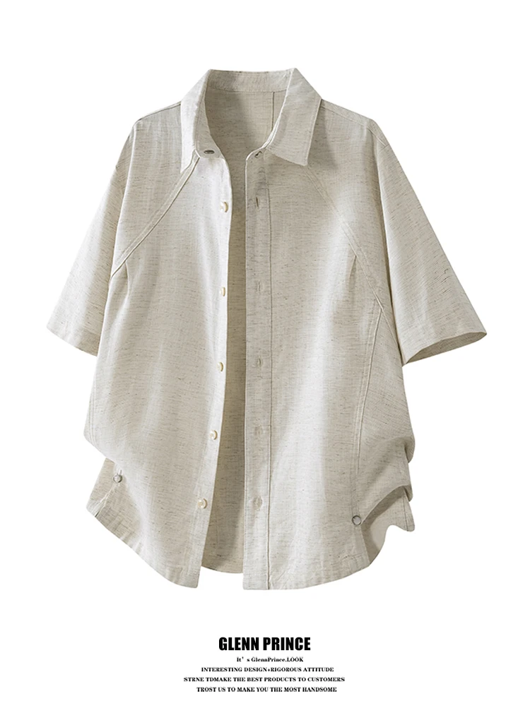 

GPstudio Retro Linen ort Sve irt Men's Summer New Large Size Commute Lazy Top Splicing Breathable Casual Faion