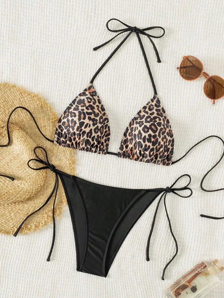 

Sexy Leopard Print Laced Up Bikini 2 Piece Set Women Split Swimsuit High Waist Beach Bikini 2025 New Summer Swimwear Bikinis Set