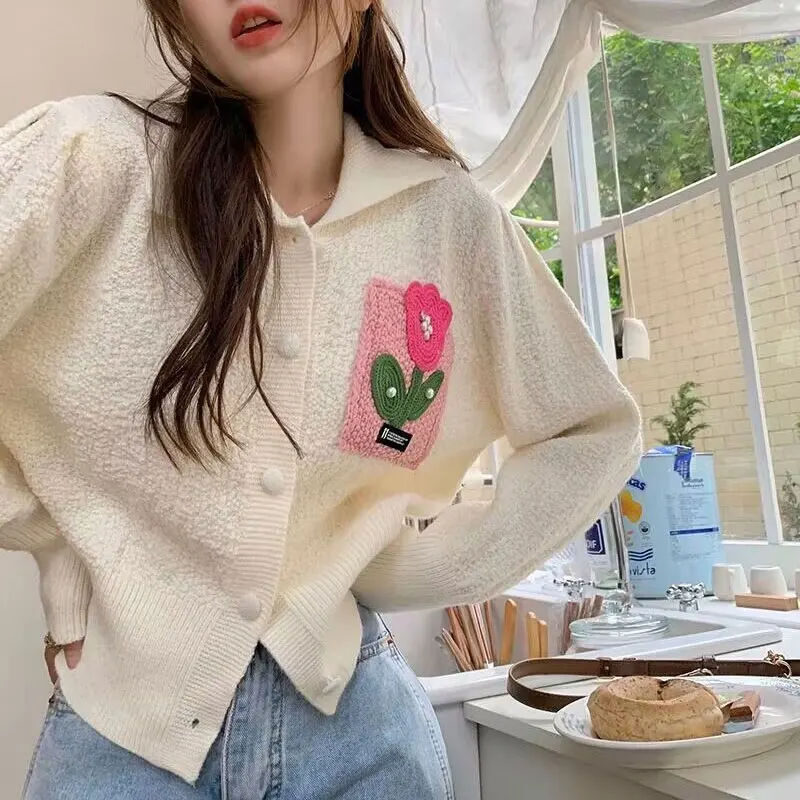 Gentle Turn-down Collar Knitted Cardigan Female Clothing Floral Fashion Beading Spring Autumn Single-breasted Loose Sweaters New