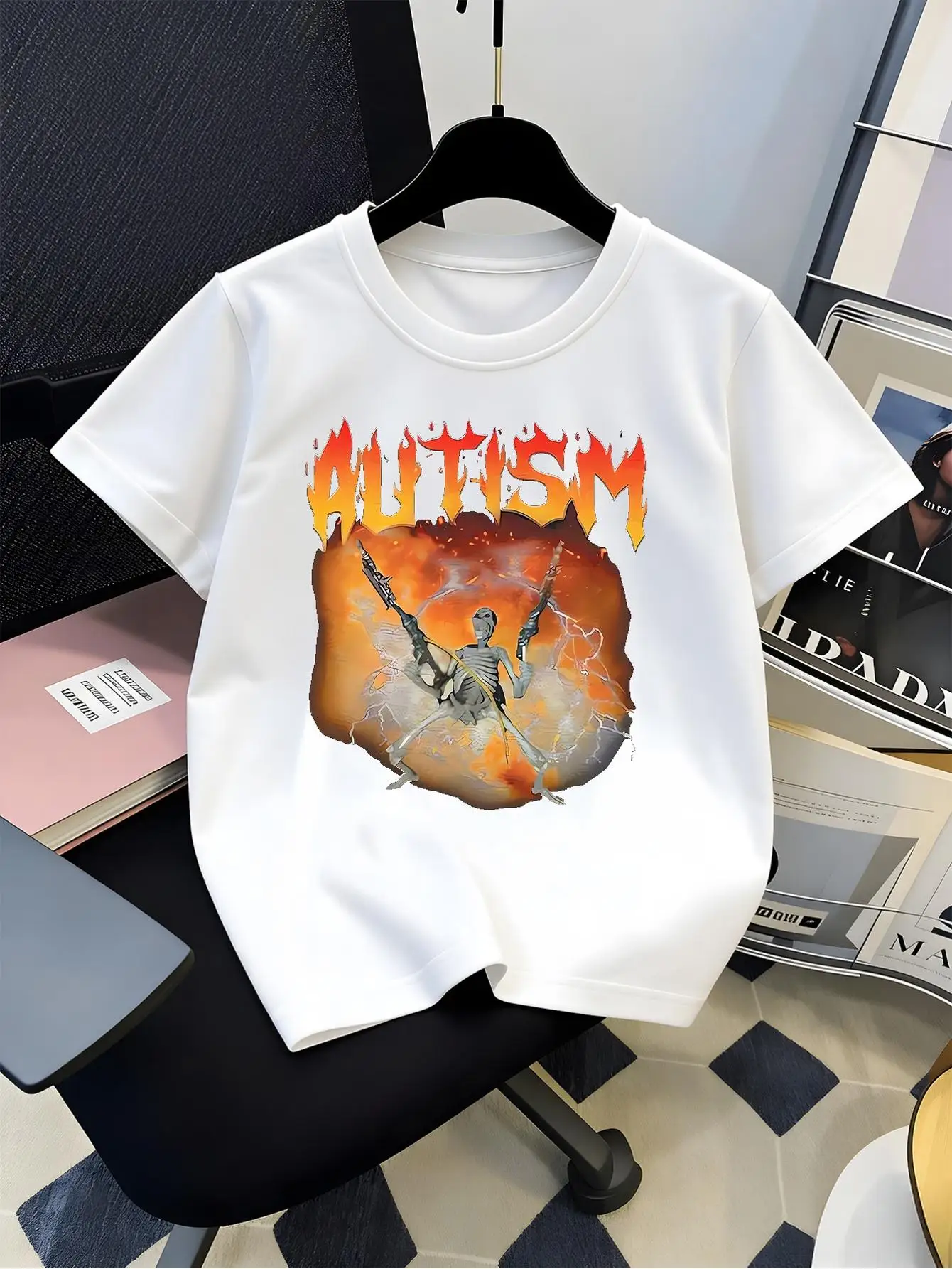 Kids Family Matching Short Sleeve Tee Boys Girls Autism Skeleton Gun Fire Lightning Retro Graphic Casual Parent Child Tshirt