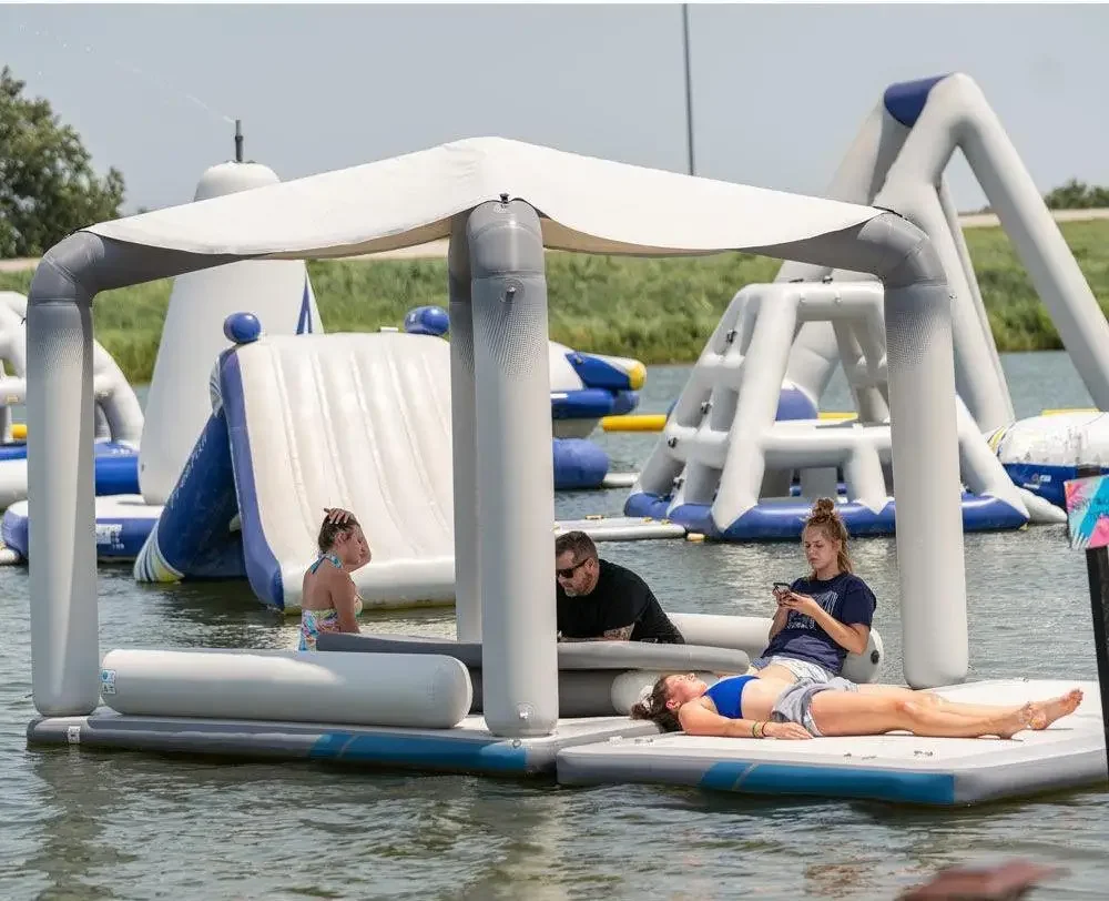 Sun Protection Leisure Time PVC Inflatable Swim Boat House Pontoon Platform Water Sports For Adults Floating Island With Tent