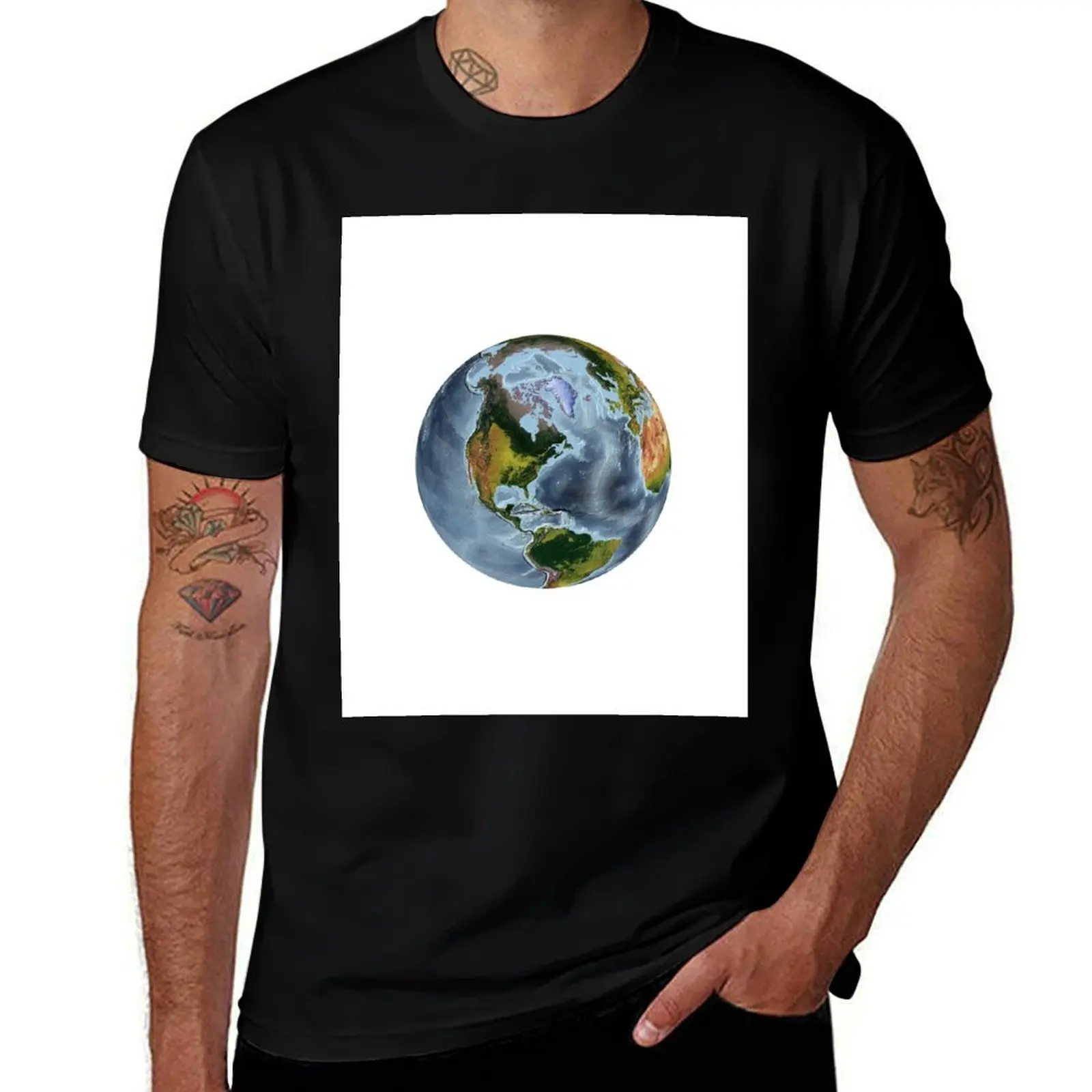 The world from space projection - World Relief Map showing land and oceans T-Shirt tees anime figures mens big and tall t shirts