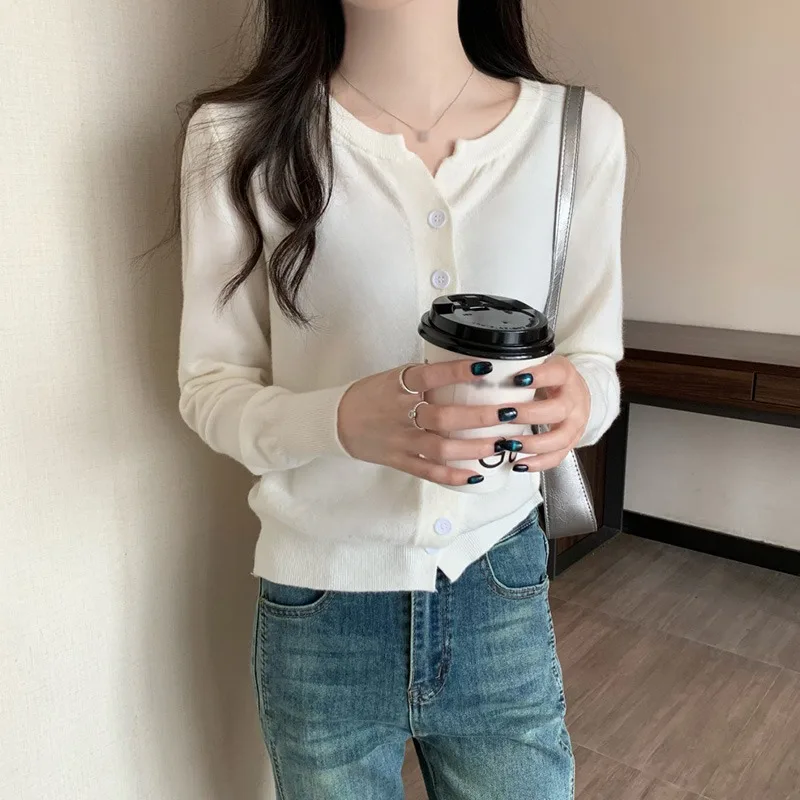 Spring Autumn Women\'s Top Thin Knit Button Down Korean Round Neck Loose Short Cashmere Outerwear