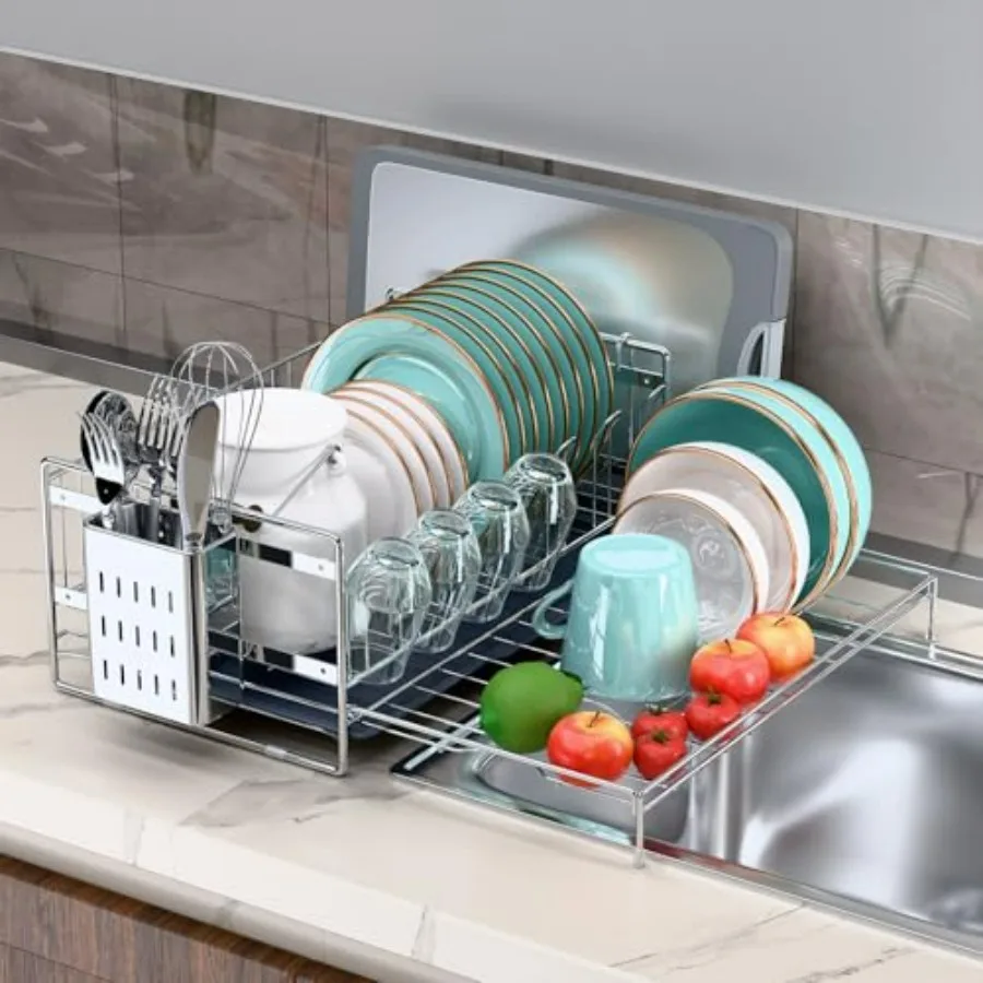 

Large Expandable Dish Drying Rack 304 Stainless Steel Kitchen Counter Dish Drainer with Utensil Holder and Cutting Board Holder