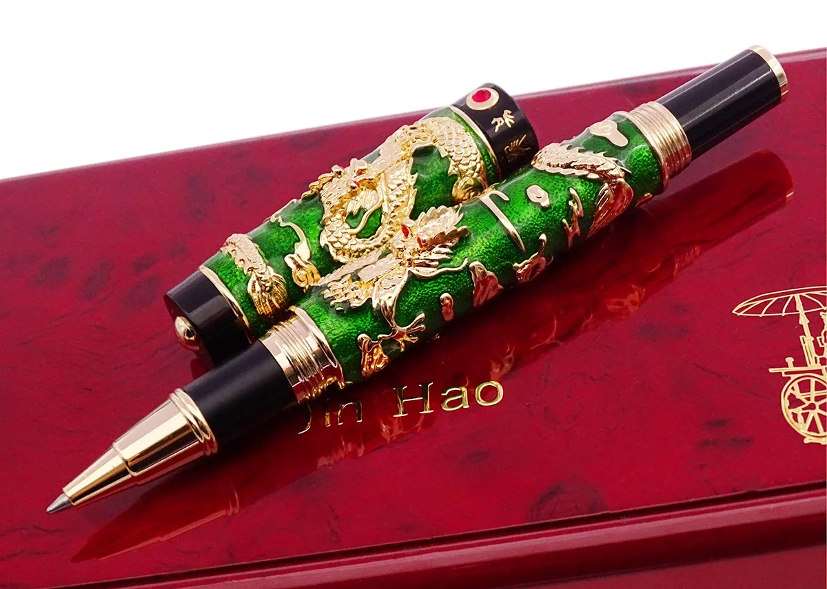 Luxury  Handmade Jinhao Roller Ball Pen, Green Cloisonne Double Dragon Pen Advanced Craft Writing Gift Pen for Business Graduate