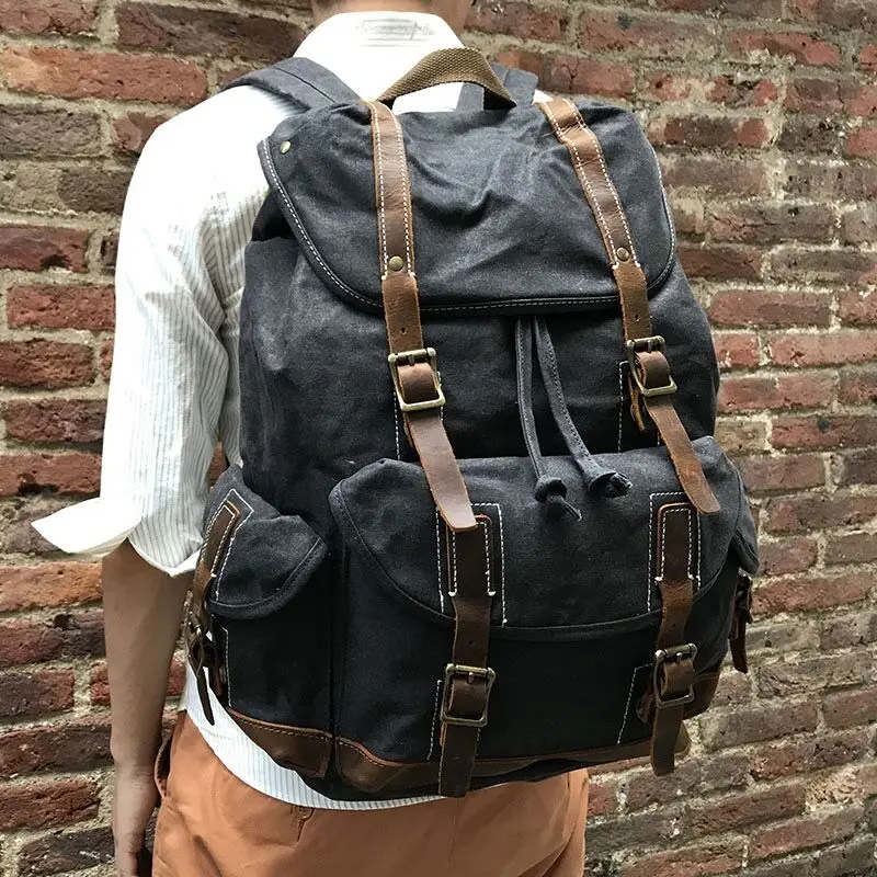 Vintage Oil Wax Canvas Backpack Men Leather Military Waterproof Travel Shoulder Bag High Quality school Bag Laptop Backpack